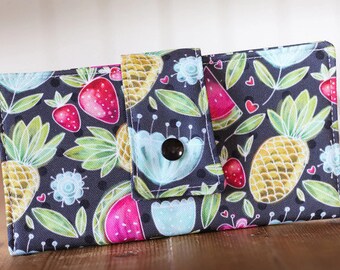 Women wallet, wallet, vegan wallet, summer wallet, fabric wallet, handmade wallet, fruits, flower, watermelon, pineapple, polka dot, grey