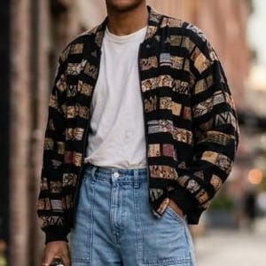 Vintage The Everett Collection Art to Wear Patchwork Bomber Jacket Size M | 80s 90s