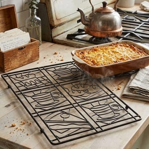 May include: A rectangular black metal cooling rack featuring a decorative wire design of coffee cups and baked goods. The rack is constructed with a grid pattern and sits flat, providing a surface for cooling items after they are removed from the oven.