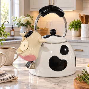 May include: A white tea kettle with black spots and a cow-shaped spout. The kettle features a black handle, a black lid knob, and a small metal bell hanging from the spout. The design includes a pink accent on the cow's snout and black ears.