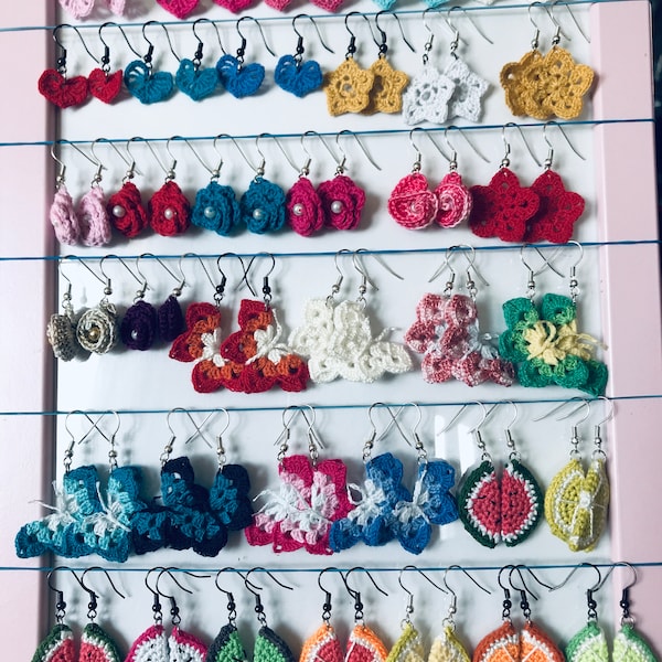 Crochet flower, star, fruit, heart or butterfly earrings