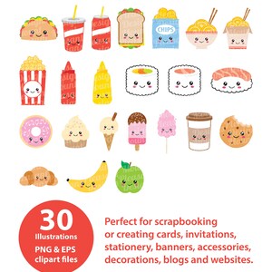 May include: A set of 30 kawaii fast food illustrations in PNG and EPS format. The illustrations feature a variety of food items, including a hot dog, pizza, hamburger, tacos, sushi, donuts, ice cream, and more. Each food item has a cute, cartoon-like face.