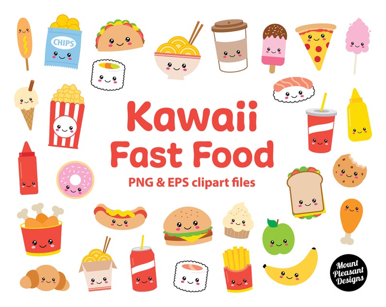 May include: A set of 24 kawaii fast food clipart images in PNG and EPS format. The images feature various food items such as sushi, pizza, donuts, hot dogs, french fries, ice cream, and more, all with cute faces.