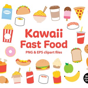 May include: A set of 25 colorful cartoon illustrations of fast food items, including a hot dog, hamburger, french fries, pizza, ice cream cone, donut, and more. The illustrations are in a kawaii style, with big eyes and cute expressions. The text "Kawaii Fast Food" is written in red letters at the top of the image. The text "PNG & EPS clipart files" is written in black letters below the title.
