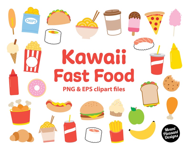 May include: A set of 25 colorful cartoon illustrations of fast food items, including a hot dog, hamburger, french fries, pizza, ice cream cone, donut, and more. The illustrations are in a kawaii style, with big eyes and cute expressions. The text "Kawaii Fast Food" is written in red letters at the top of the image. The text "PNG & EPS clipart files" is written in black letters below the title.