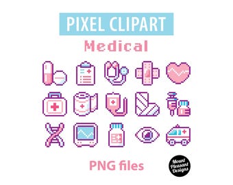 Medical clipart, Pixel art, Pink and Blue, PNG files, instant download