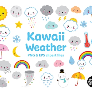 Kawaii Weather clipart, Cute cartoon weather clip art, PNG & EPS files, instant download