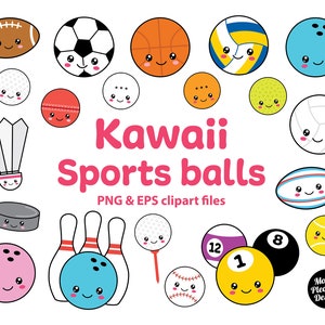Kawaii Sports Balls Clipart, Süße Cartoon Sportbälle Clip Art, PNG & EPS Dateien, direkter Download