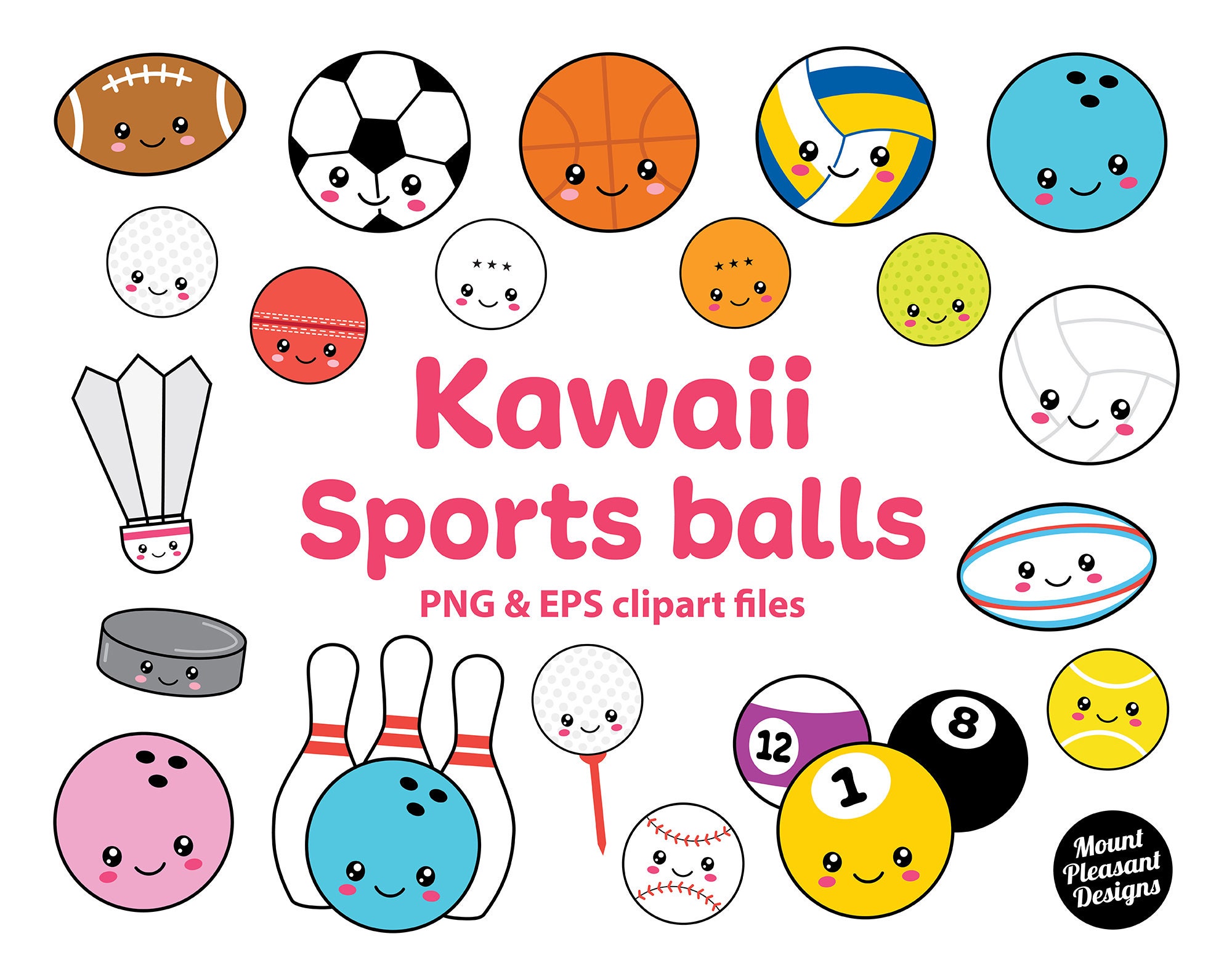 Kawaii Sports Balls Clipart, Cute Cartoon Sports Balls Clip Art, PNG & EPS  Files, Instant Download 