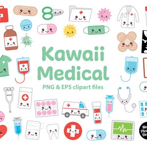 Clipart médico kawaii, clip art de dibujos animados lindos de hospital, archivos PNG y EPS, descarga instantánea