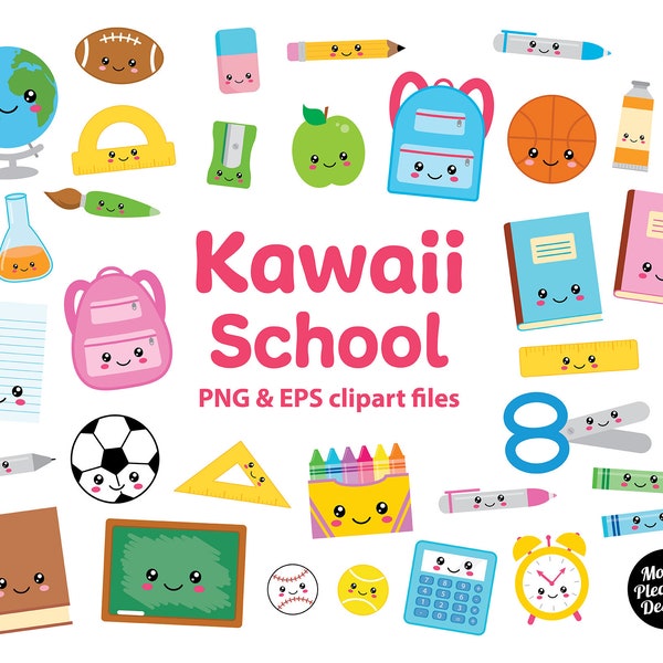 Kawaii School clipart, Cute cartoon school clip art, PNG & EPS files, instant download