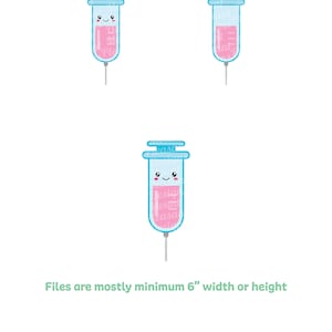 May include: Three cartoon illustrations of syringes with pink liquid and a blue needle. The top syringe has a happy face, the middle syringe has a sad face, and the bottom syringe has a neutral face. The text "Files with and without faces included" is at the top of the image. The text "Files are mostly minimum 6" width or height" is in the middle of the image. The text "Kawaii Medical" is at the bottom left of the image. The text "Mount Pleasant Designs" is at the bottom right of the image.