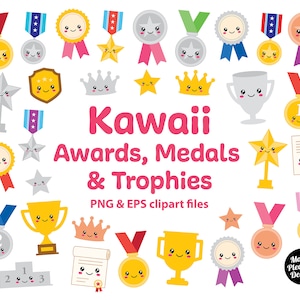 Prêmios Kawaii, clipart de medalhas e troféus, prêmios de desenhos animados fofos, clipart de medalhas e troféus, arquivos PNG e EPS, download instantâneo