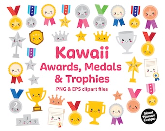 Kawaii Awards, Medals and Trophies clipart, Cute cartoon Awards, Medals and Trophies clip art, PNG & EPS files, instant download