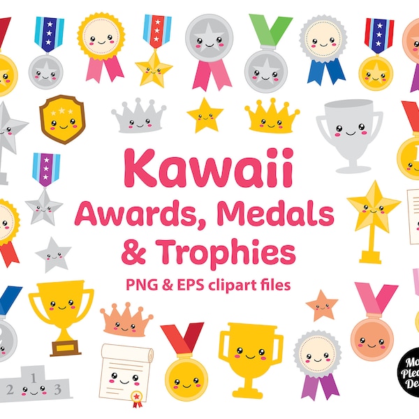 Kawaii Awards, Medals and Trophies clipart, Cute cartoon Awards, Medals and Trophies clip art, PNG & EPS files, instant download