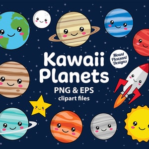 Kawaii Planets clipart, Cute cartoon planets clip art, PNG & EPS files, instant download