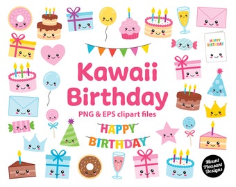 Kawaii Birthday clipart, Cute cartoon Birthday party clip art, PNG & EPS files, instant download