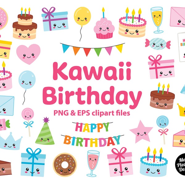 Kawaii Birthday clipart, Cute cartoon Birthday party clip art, PNG & EPS files, instant download