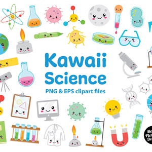 Clipart de ciência Kawaii, clipart de ciência bonito dos desenhos animados, arquivos PNG e EPS, download instantâneo