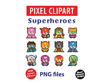 Superheroes & Villains clipart, Pixel art, PNG files, instant download