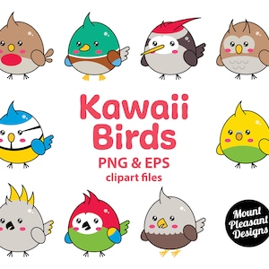 Clipart de Kawaii Birds, clip art de lindos pájaros de dibujos animados, archivos PNG y EPS, descarga instantánea