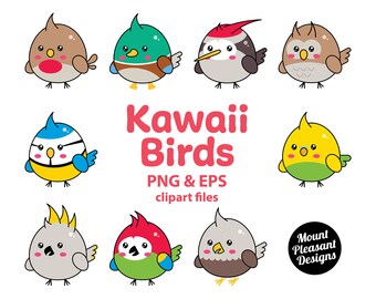 Kawaii Birds clipart, Cute cartoon birds clip art, PNG & EPS files, instant download