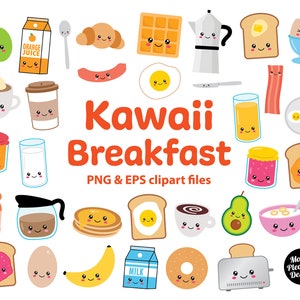Kawaii Breakfast clipart, Cute cartoon breakfast food clip art, PNG & EPS files, instant download