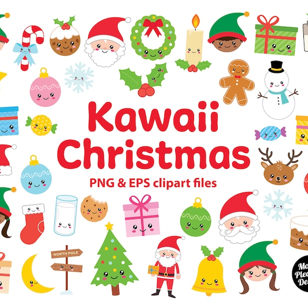 Kawaii Christmas clipart, Cute cartoon Christmas clip art, PNG & EPS files, instant download