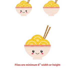 May include: Kawaii Fast Food graphic design featuring a bowl of noodles with chopsticks. The bowl has a cute face and the text "Files are minimum 6" width or height" is below the image. The text "Files with and without faces included" is at the top of the image.