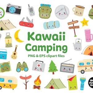 Clipart Kawaii Camping, Clip art da campeggio carino, file PNG ed EPS, download istantaneo