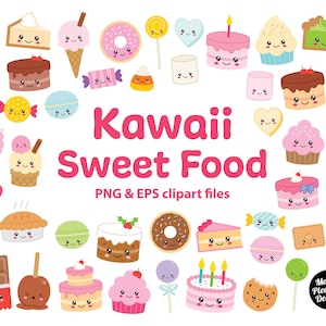 Imágenes prediseñadas de comida dulce Kawaii, imágenes prediseñadas de comida dulce de dibujos animados lindo, archivos PNG y EPS, descarga instantánea