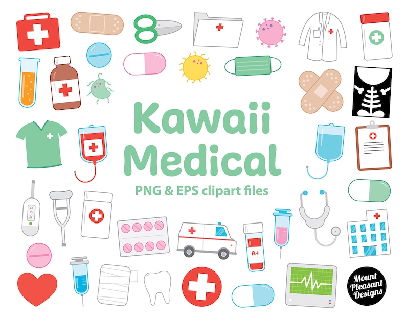May include: Kawaii Medical clipart set with illustrations of medical supplies, equipment, and symbols. Includes a first aid kit, bandages, pills, thermometer, crutches, stethoscope, ambulance, blood bag, and more.  PNG & EPS clipart files.
