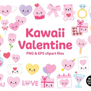 Imágenes prediseñadas de San Valentín Kawaii, imágenes prediseñadas de amor de dibujos animados lindo, archivos PNG y EPS, descarga instantánea