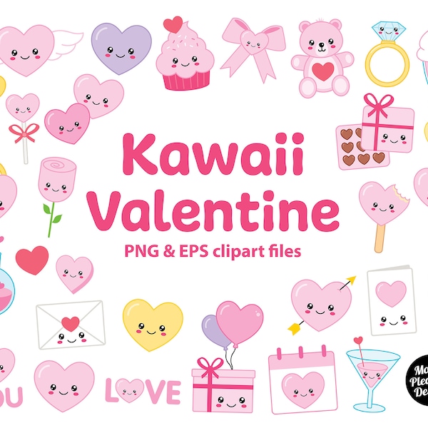 Kawaii Valentine clipart, Cute cartoon Love clip art, PNG & EPS files, instant download