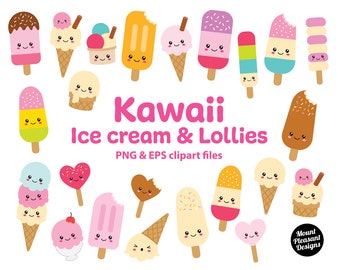 Kawaii Ice cream and Lollies clipart, Cute cartoon Ice cream and Lollies clip art, PNG & EPS files, instant download