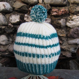 Hand Knitted Wool Beanie, Warm and Soft Beanie With Pompom, Blue and White Knit Wool Ski Hat