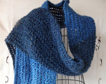 Hand Knit Extra Long Scarf/ Super Soft Scarf Hand Knit in Blue Yarn