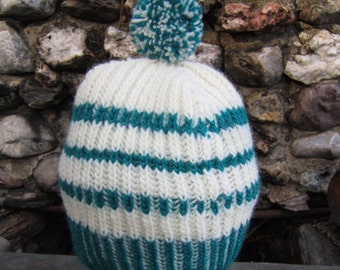 Hand Knitted Wool Beanie, Warm and Soft Beanie With Pompom, Blue and White Knit Wool Ski Hat