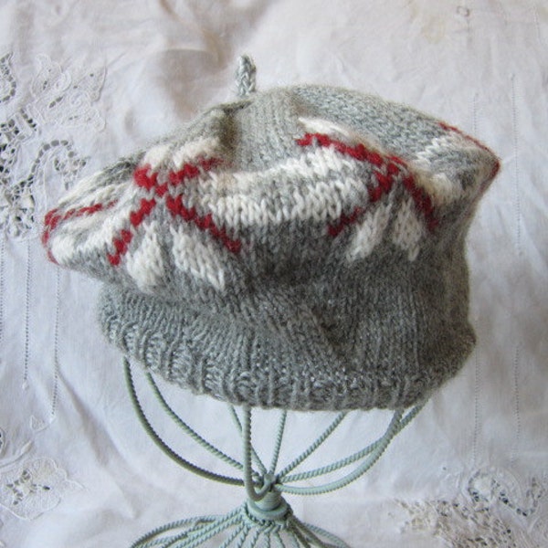 Hand Knit Child's Wool Snowflake Hat, Knit Snowflake Fair Isle Beret