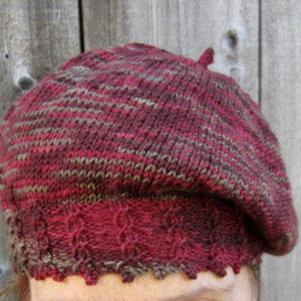 Hand Knit Wool Beret, Rich Red Slouchy Cap, Cable Knit Tam, Comfy and Light Beret, Soft Wool Tam