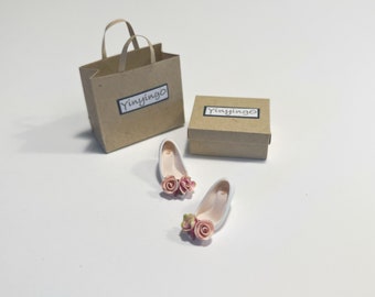 handmade 1/12 miniature dollhouse shoes, flower white heels by YinyingO