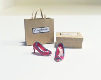 handmade 1/12 miniature dollhouse shoes, peep toe red heels by YinyingO