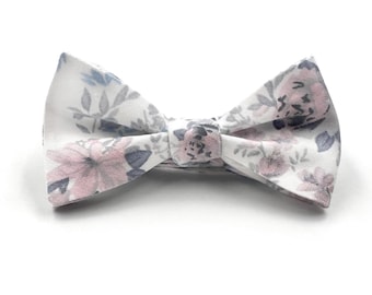 White Floral Bow Tie, Floral Bowtie, Soft Pastel Floral Tie, White Wedding Ties, Mens and Boys Bow Ties: Pre-Tied or Self-Tie Style