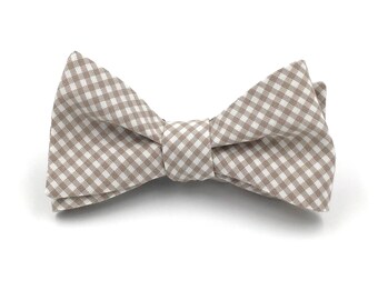 Gingham Bow Tie, Cream Ivory Beige Checker Print Bowtie, Boho Rustic Wedding Ties, Mens and Boys Bow Ties, Self-Tie or Pre-Tied Style