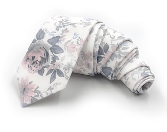 White Floral Necktie, Blush Pink, Soft Blue and Light Grey Floral Tie, White Wedding Ties: Traditional Wide Tie, Slim Modern, or Skinny Tie