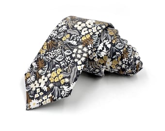 Black and Gold Floral Necktie, Gold Metallic Accents, Rustic Boho Wedding Ties, Brown Cream Floral Tie, Traditional Wide Tie or Skinny Tie