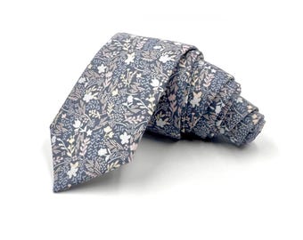 Light Dusty Blue Floral Necktie, Soft Pale Pink and Cream Accents, Rustic Boho Garden Wedding Ties, Traditional Wide, Slim, or Skinny Tie