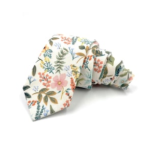 Cream Floral Necktie, Mens Floral Tie, Garden Wedding Ties, Pink Blue Yellow Orange Floral, Traditional Wide Tie, Slim Modern, or Skinny Tie