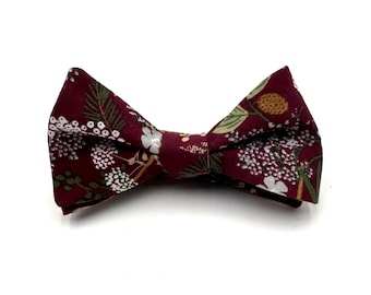 Burgundy Floral Bow Tie, Deep Wine Bordeaux Tie, Fall Wedding Ties, Winter Weddings with Golden Accents, Pre-Tied or Self-Tie Style