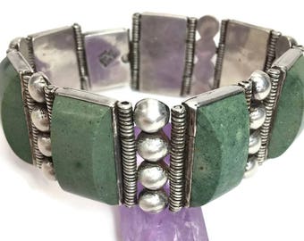 Taxco Sterling Bracelet Mexico Panel Green Stone 925 Silver Articulated Vintage Jewelry Gift